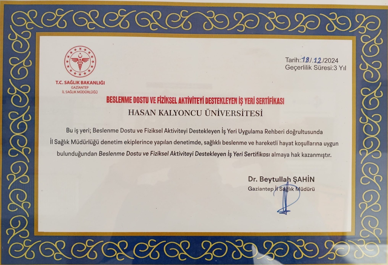 Beslenme Dostu ve Fiziksel Aktiviteyi Destekleyen İş Yeri Sertifikası